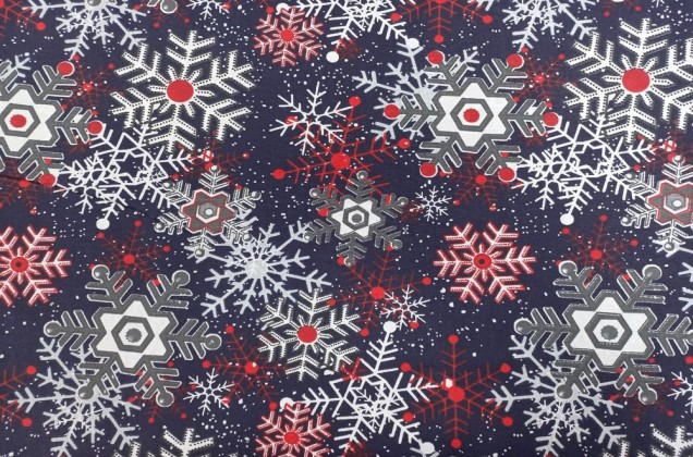 Ранфорс (поплин LUX) 240 см, Серо-красные снежинки на темно-синем фоне (SABAEV) 1