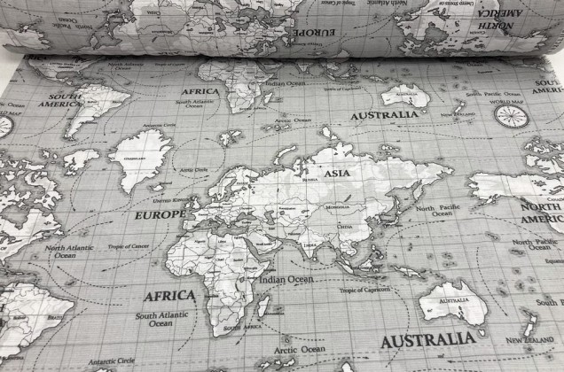 Муслин двухслойный 160 см, Карта мира на сером 1