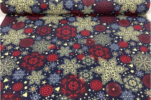 Дак (DUCK) Желтые и красные снежинки на синем фоне