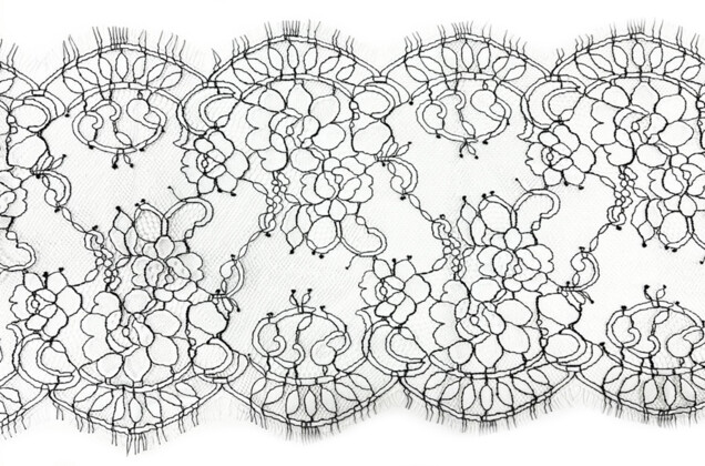 Кружево Шантильи с ресничками, неэластичное, 23 см, черно-белое