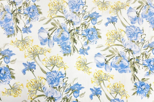 Плательный сатин Желто-голубые цветы на молочном 1