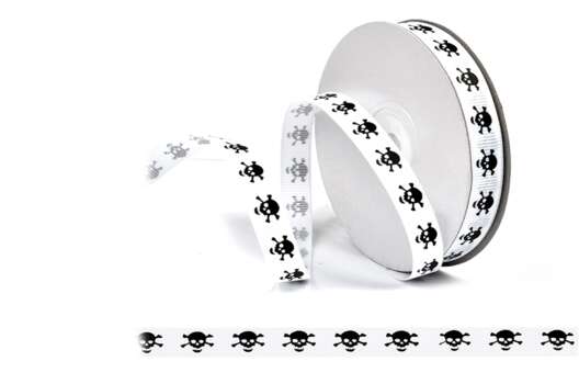 Лента репсовая с рисунком Черепушки, 10 мм, белая