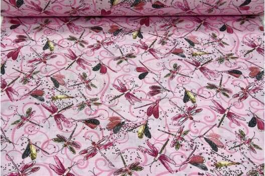 Муслин двухслойный 160 см, Стрекозы на розовом