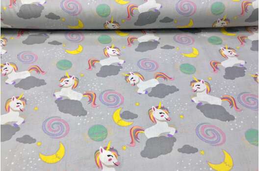 Муслин двухслойный 160 см, Единорожки на светло-сером