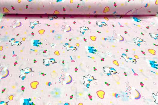 Муслин двухслойный 160 см, Единороги на розовом