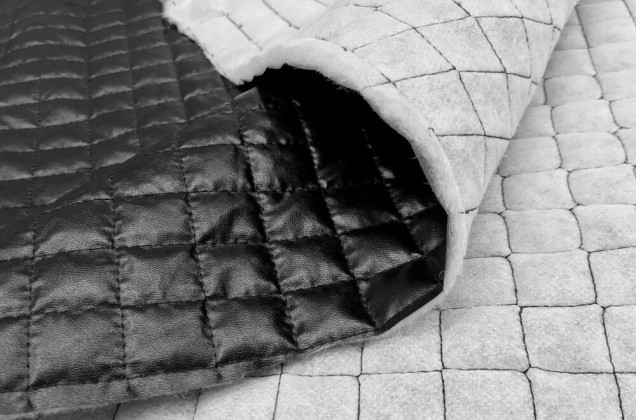 Курточная ткань на синтепоне, экокожа черная в квадраты 3