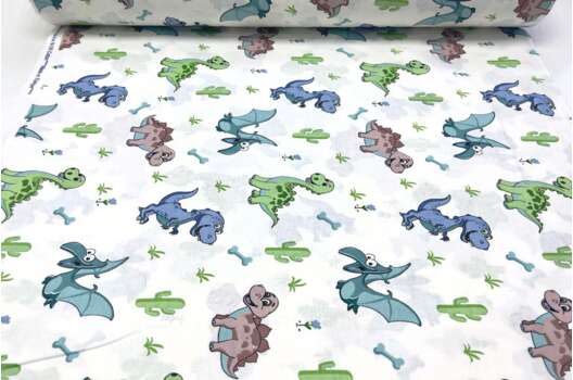 Ранфорс (поплин LUX) 240 см, Динозаврики зелено-голубые