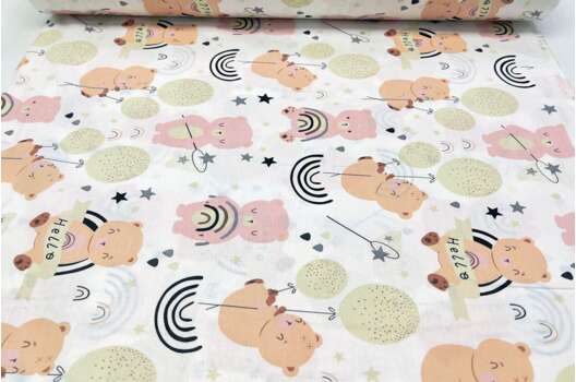 Ранфорс (поплин LUX) 240 см, Мишки и радуга в розово-оранжевых тонах