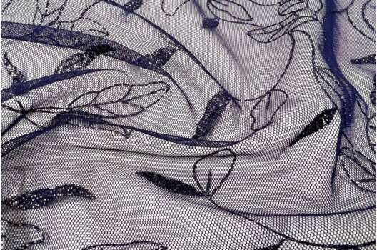 Сетка вышитая Синие веточки с люрексом на темно-синем