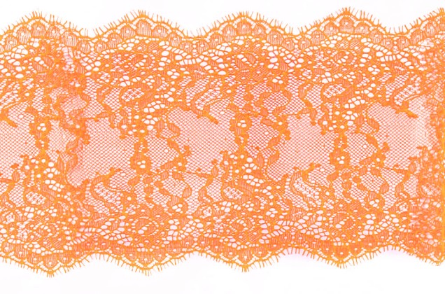 Кружево Шантильи с ресничками, неэластичное, 17 мм, оранжево-розовое