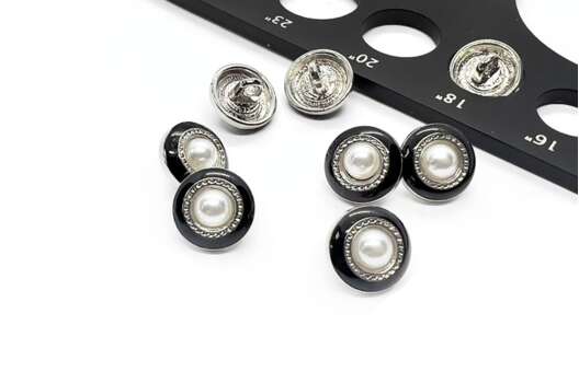 Пуговица металлическая L-MF, на ножке, черная с серебром, 11.5 мм