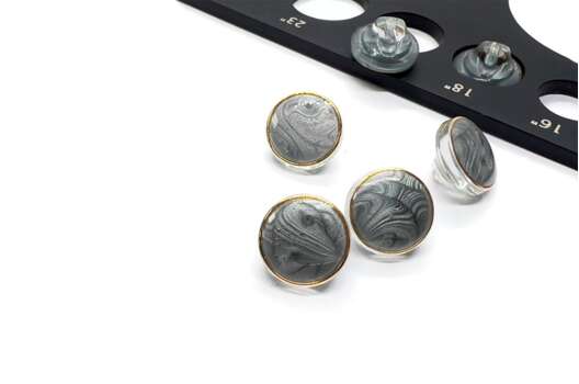 Пуговица пластиковая на ножке B301, серая с золотым ободком, 11 мм