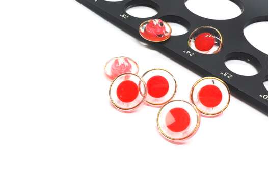 Пуговица пластиковая на ножке B304, красная с золотым ободком, 15 мм