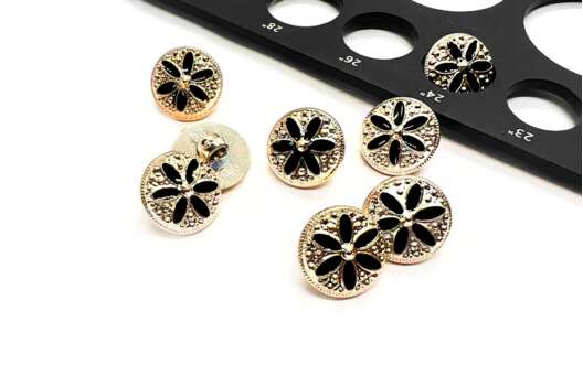 Пуговица пластиковая на ножке NE201, черно-золотая, 15 мм