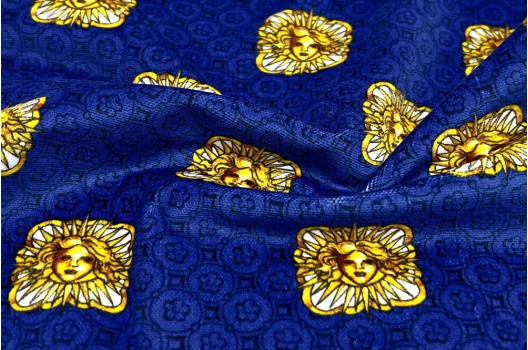 Костюмный хлопок велюровый в стиле VERSACE, синий, Италия