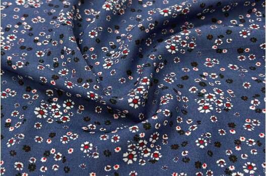 Штапель, Белые и черные цветочки на темно-синем, Турция (УЦЕНКА)