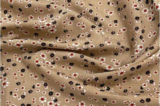 Штапель, Белые и черные цветочки на бежевом, Турция