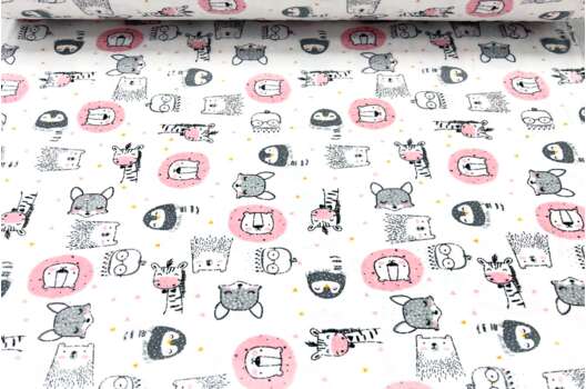 Фланель LUX 240 см, Портреты зверюшек, розовые на белом