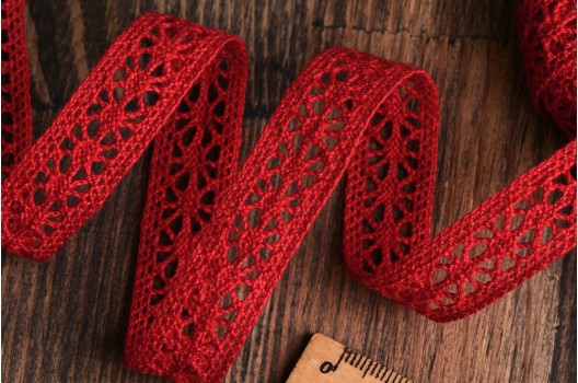 Кружево вязаное, 15 мм, красное
