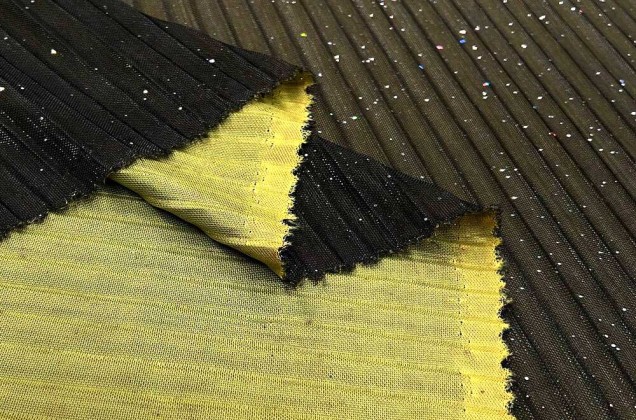 Плательная ткань-плиссе с глиттером, желто-зелено-черная, 130 см 6