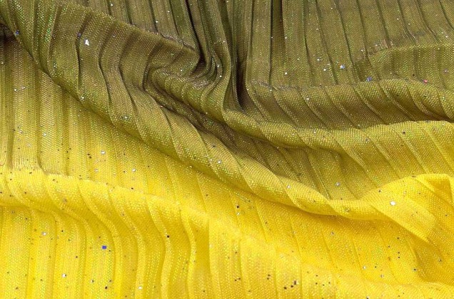 Плательная ткань-плиссе с глиттером, желто-зелено-черная, 130 см 1
