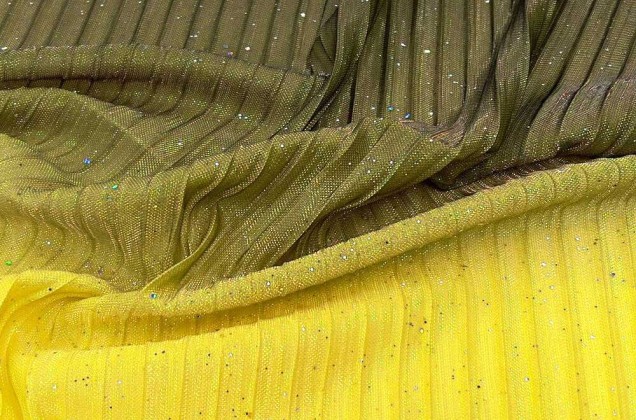 Плательная ткань-плиссе с глиттером, желто-зелено-черная, 130 см 7