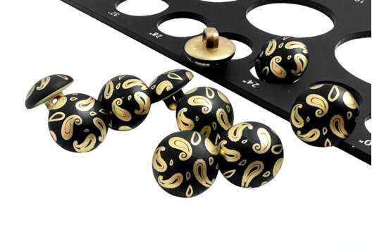 Пуговица пластиковая на ножке RB A921, Пейсли золото на черном, 15 мм