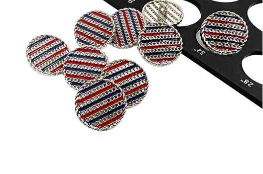 Пуговица металлическая на ножке ME651, серебристая с красно-синим, 20 мм