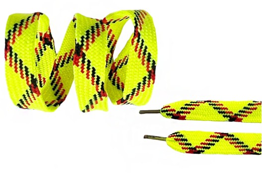 Шнурок плоский мультиколор, 13 мм, желтый неон с красно-черным, 130 см