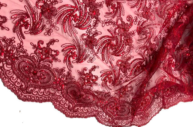 Шикарный гипюр с пайеткам, Цветочный рисунок темно-красный 3