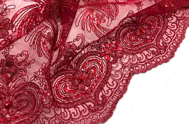 Шикарный гипюр с пайеткам, Цветочный рисунок темно-красный 4