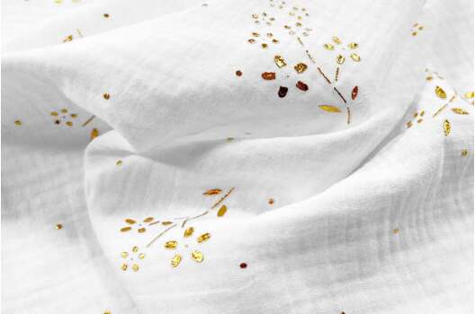 Муслин жатый 2-х слойный белый, Букетики золотые, 135 см