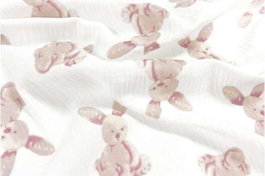 Муслин двухслойный жатый 135 см, Зайки на белом