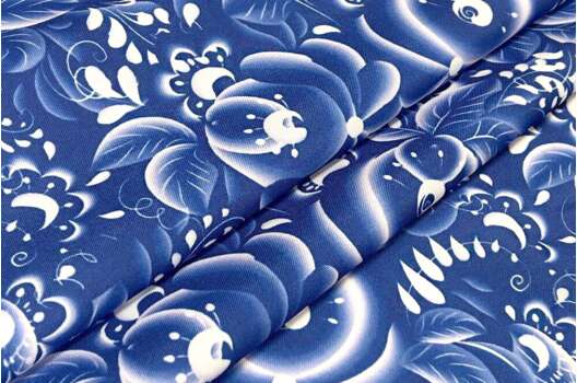 Габардин простой с рисунком, Гжель синий
