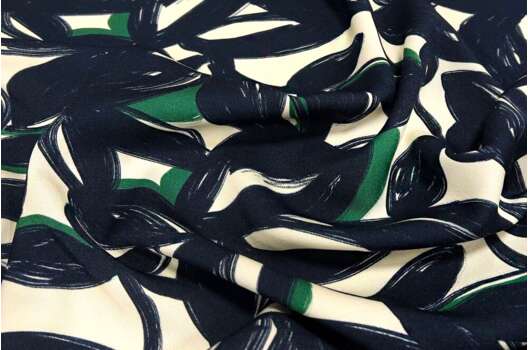 Штапель твил, Темно-синий лиственный на молочном, Турция