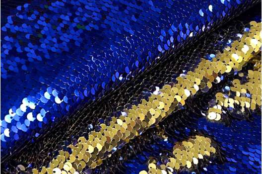 Двухсторонние пайетки на атласе и спанбонде, сине-золотые