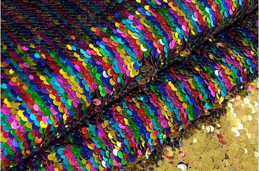Двухсторонние пайетки на атласе и спанбонде, разноцветные на золоте