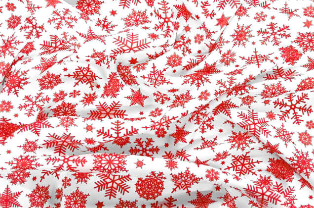 Габардин простой с рисунком, Красные снежинки на белом