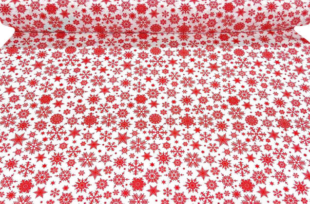 Габардин простой с рисунком, Красные снежинки на белом 1