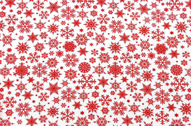 Габардин простой с рисунком, Красные снежинки на белом 3