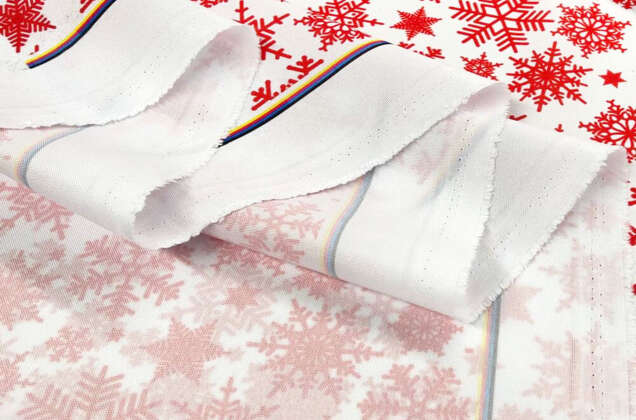 Габардин простой с рисунком, Красные снежинки на белом 4