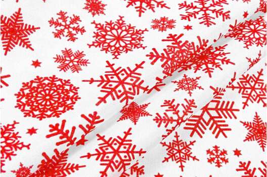 Габардин простой с рисунком, Красные снежинки на белом