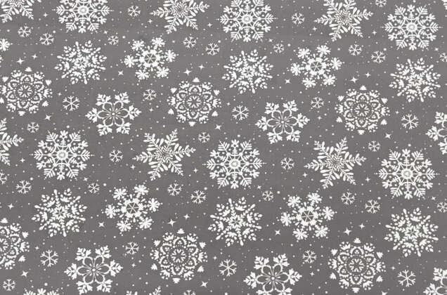 Габардин простой с рисунком, Белые снежинки на светло-сером 1