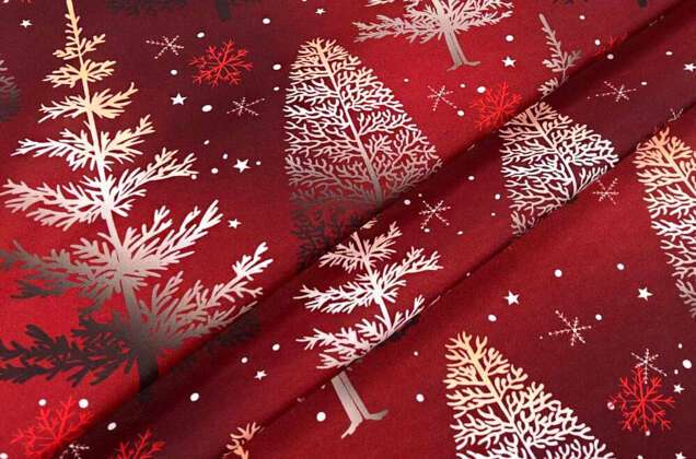 Габардин простой с рисунком, Зимний лес на темно-красном