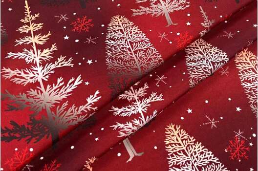 Габардин простой с рисунком, Зимний лес на темно-красном