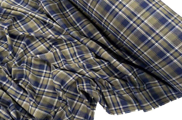 Рубашечная фланель (фуле) 100% хлопок, Клетка хаки с синим, Турция