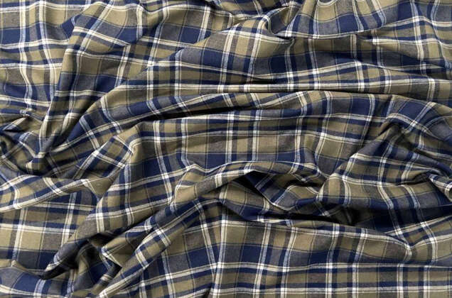 Рубашечная фланель (фуле) 100% хлопок, Клетка хаки с синим, Турция 2
