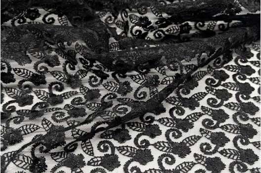 Кружевное полотно Соцветия, угольно-черное, 120 см