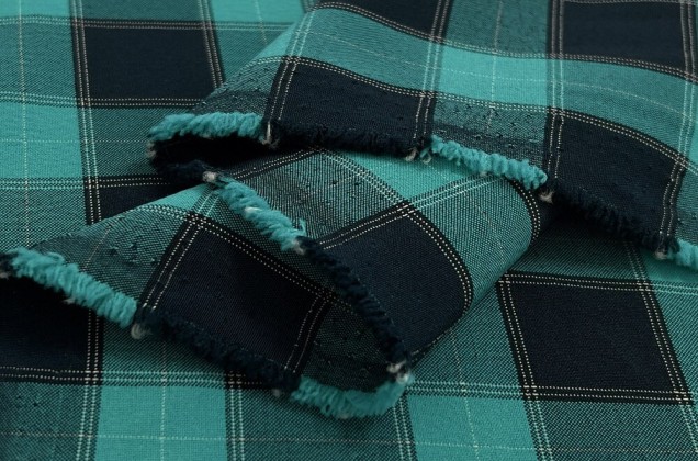 Костюмная ткань Пикачу, сине-бирюзовые квадраты 2