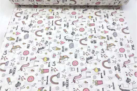 Ранфорс (поплин LUX) 240 см, Единорожки и вкусняшки серо-розовые на белом